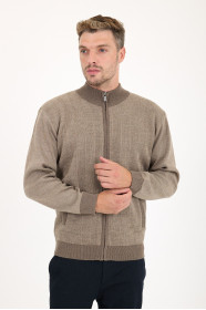 Light Brown Stand Collar Herringbone Zip Wool Knit Jacket