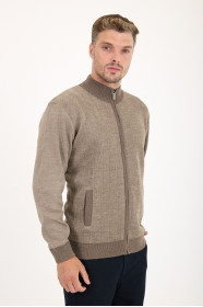 Light Brown Stand Collar Herringbone Zip Wool Knit Jacket