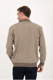 Light Brown Stand Collar Herringbone Zip Wool Knit Jacket