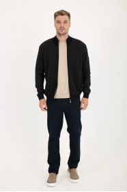 Navy 3 Stand Collar Herringbone Zip Wool Knit Jacket