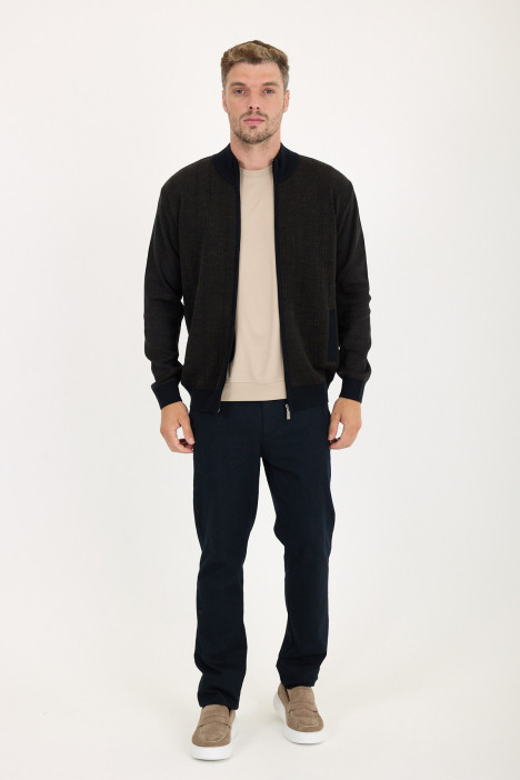 Navy 3 Stand Collar Herringbone Zip Wool Knit Jacket