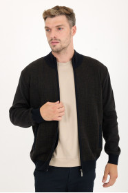 Navy 3 Stand Collar Herringbone Zip Wool Knit Jacket