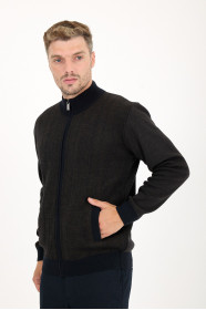 Navy 3 Stand Collar Herringbone Zip Wool Knit Jacket