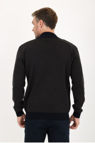 Navy 3 Stand Collar Herringbone Zip Wool Knit Jacket