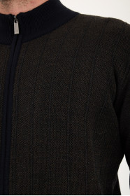 Navy 3 Stand Collar Herringbone Zip Wool Knit Jacket