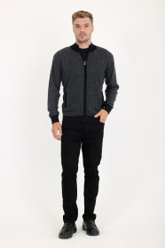 Navy 2 Stand Collar Herringbone Zip Wool Knit Jacket