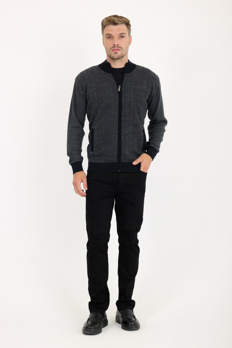 Navy 2 Stand Collar Herringbone Zip Wool Knit Jacket