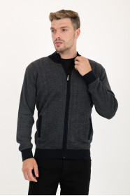 Navy 2 Stand Collar Herringbone Zip Wool Knit Jacket