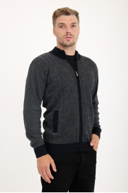 Navy 2 Stand Collar Herringbone Zip Wool Knit Jacket