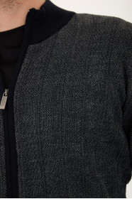 Navy 2 Stand Collar Herringbone Zip Wool Knit Jacket