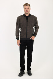 Anthracite Stand Collar Herringbone Zip Wool Knit Jacket