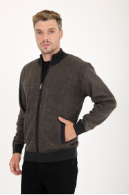 Anthracite Stand Collar Herringbone Zip Wool Knit Jacket