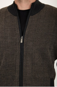 Anthracite Stand Collar Herringbone Zip Wool Knit Jacket