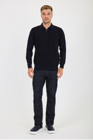 Navy Polo Neck Quarter-Zip Waffle Wool Knit Sweater