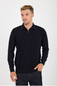 Navy Polo Neck Quarter-Zip Waffle Wool Knit Sweater