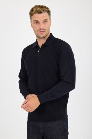 Navy Polo Neck Quarter-Zip Waffle Wool Knit Sweater