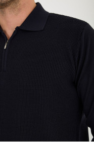 Navy Polo Neck Quarter-Zip Waffle Wool Knit Sweater