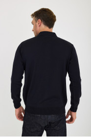 Navy Polo Neck Quarter-Zip Waffle Wool Knit Sweater