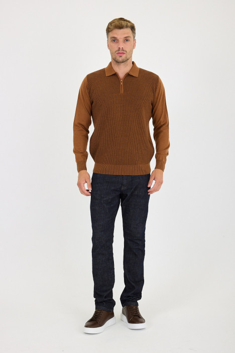 Tan Polo Neck Quarter-Zip Waffle Wool Knit Sweater