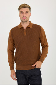 Tan Polo Neck Quarter-Zip Waffle Wool Knit Sweater