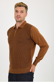 Tan Polo Neck Quarter-Zip Waffle Wool Knit Sweater