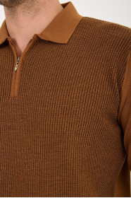 Tan Polo Neck Quarter-Zip Waffle Wool Knit Sweater
