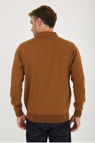Tan Polo Neck Quarter-Zip Waffle Wool Knit Sweater
