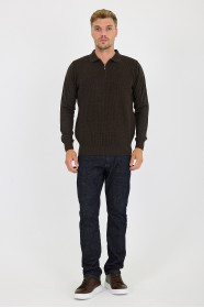 Brown Melange Polo Neck Quarter-Zip Waffle Wool Knit Sweater