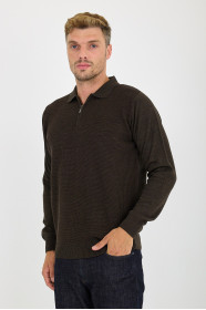 Brown Melange Polo Neck Quarter-Zip Waffle Wool Knit Sweater