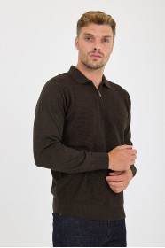 Brown Melange Polo Neck Quarter-Zip Waffle Wool Knit Sweater