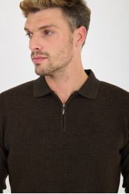 Brown Melange Polo Neck Quarter-Zip Waffle Wool Knit Sweater