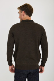 Brown Melange Polo Neck Quarter-Zip Waffle Wool Knit Sweater