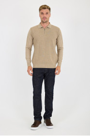 Dark Beige Polo Neck Quarter-Zip Waffle Wool Knit Sweater