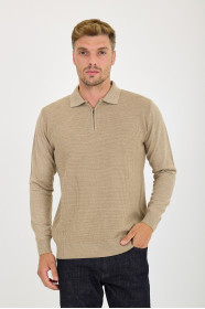 Dark Beige Polo Neck Quarter-Zip Waffle Wool Knit Sweater
