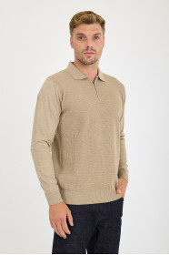 Dark Beige Polo Neck Quarter-Zip Waffle Wool Knit Sweater