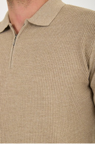 Dark Beige Polo Neck Quarter-Zip Waffle Wool Knit Sweater