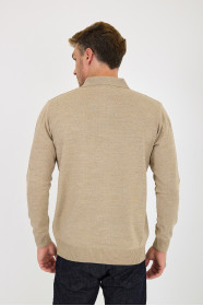 Dark Beige Polo Neck Quarter-Zip Waffle Wool Knit Sweater