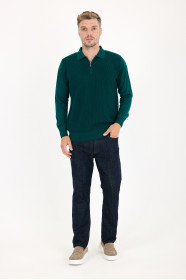 Dark Green Polo Neck Quarter-Zip Waffle Wool Knit Sweater