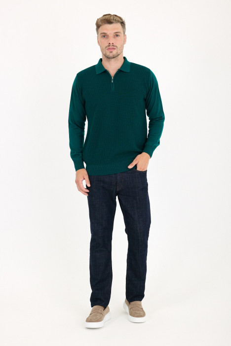 Dark Green Polo Neck Quarter-Zip Waffle Wool Knit Sweater