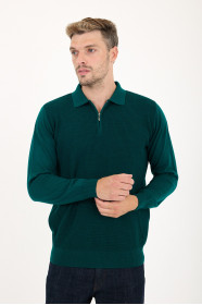 Dark Green Polo Neck Quarter-Zip Waffle Wool Knit Sweater