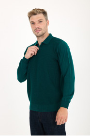Dark Green Polo Neck Quarter-Zip Waffle Wool Knit Sweater
