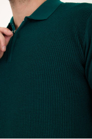 Dark Green Polo Neck Quarter-Zip Waffle Wool Knit Sweater