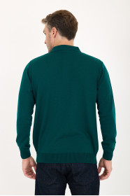 Dark Green Polo Neck Quarter-Zip Waffle Wool Knit Sweater