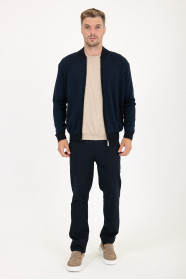 Navy Bomber Collar Waffle Zip Wool Knit Jacket