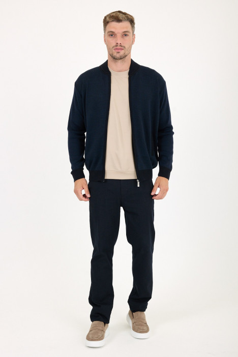 Navy Bomber Collar Waffle Zip Wool Knit Jacket