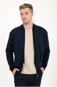 Navy Bomber Collar Waffle Zip Wool Knit Jacket