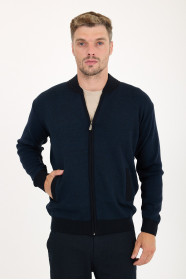 Navy Bomber Collar Waffle Zip Wool Knit Jacket
