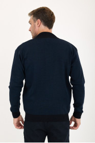 Navy Bomber Collar Waffle Zip Wool Knit Jacket