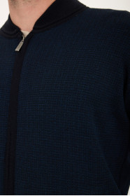 Navy Bomber Collar Waffle Zip Wool Knit Jacket