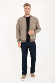 Light Brown Bomber Collar Waffle Zip Wool Knit Jacket